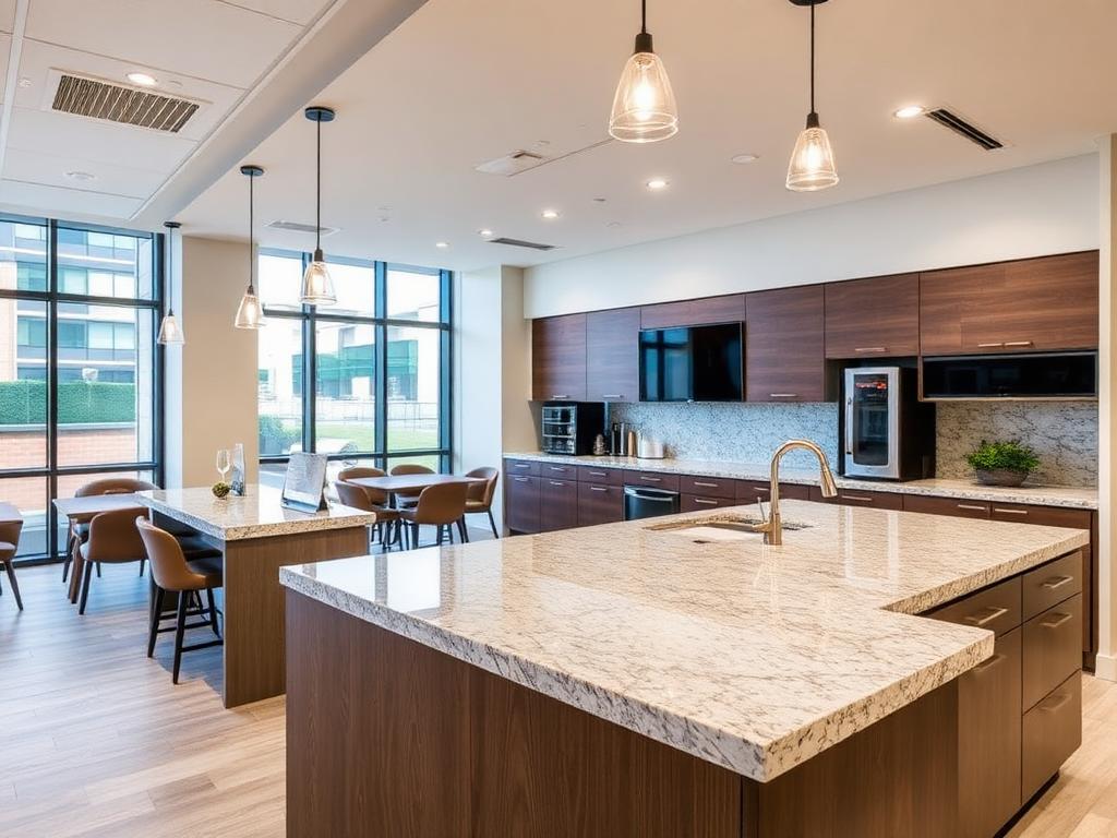 Commercial kitchen renovation with granite countertops