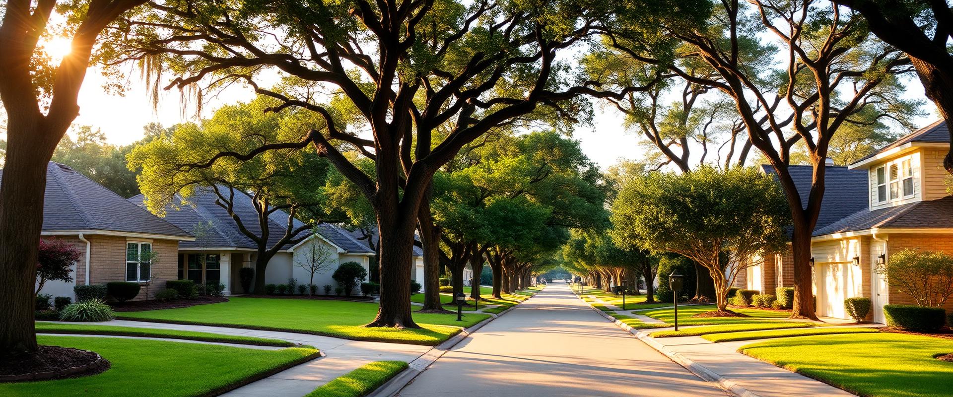 Tree-lined neighborhood in Friendswood, TX served by Granite Girl
