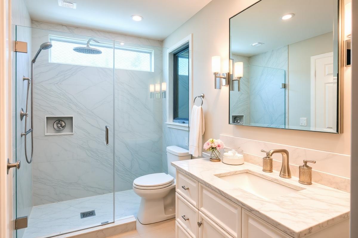Bathroom remodel with marble vanity in Pearland TX